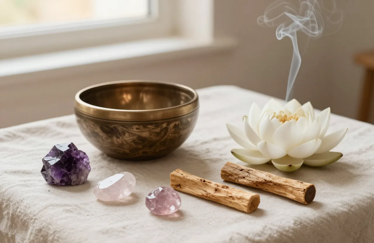 Bol chantant, cristaux d’améthyste et lotus blanc sur un linge crème
