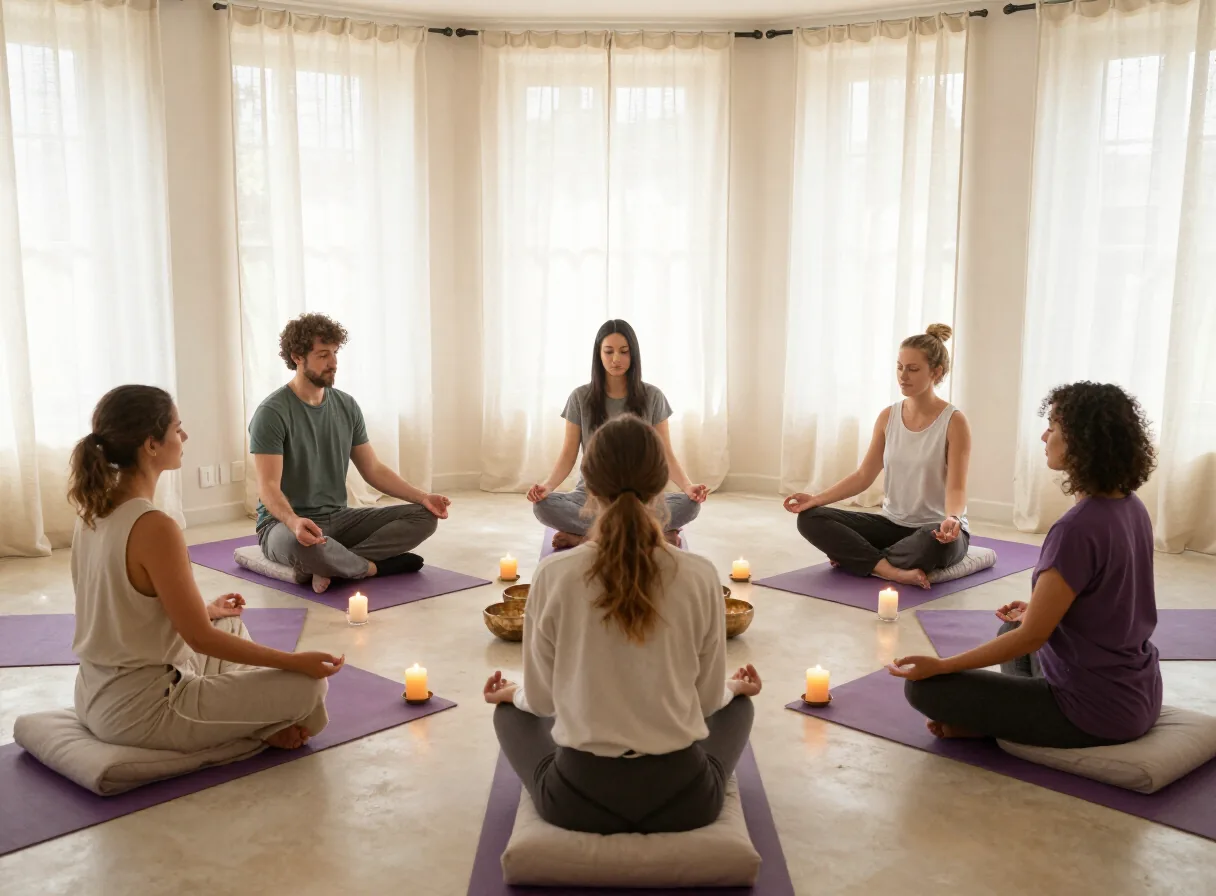 Petit groupe assis en cercle pour un atelier de méditation à la lueur des bougies