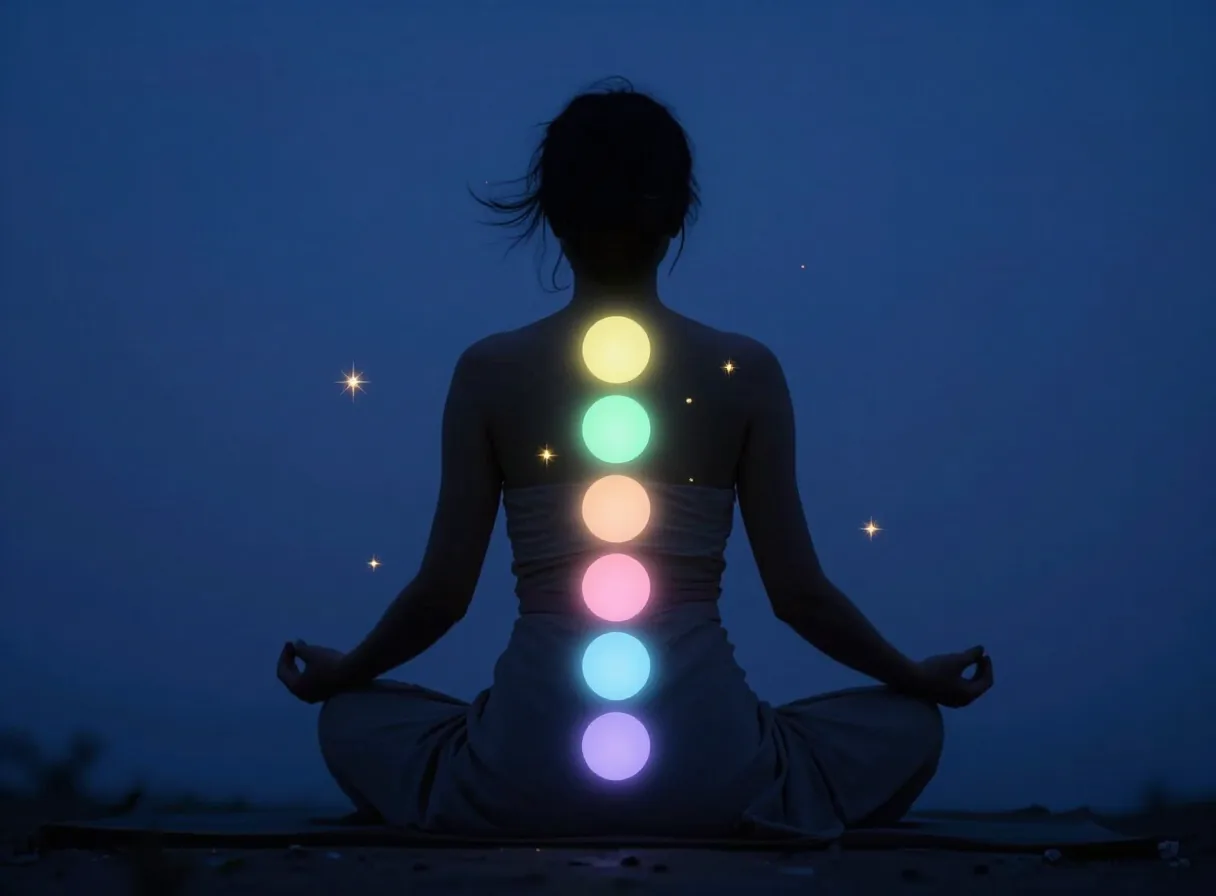 Silhouette en méditation avec les sept chakras lumineux alignés le long de la colonne