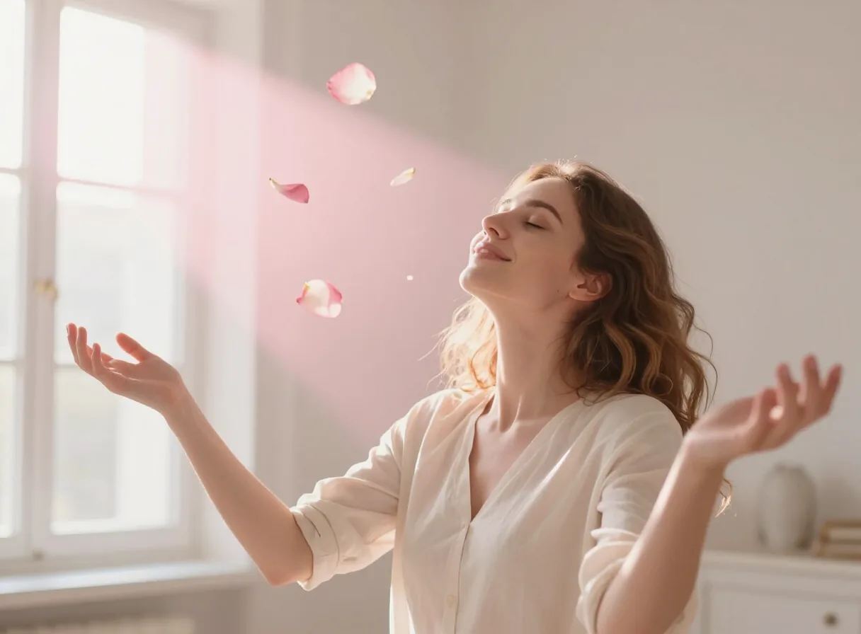 Femme souriante les bras ouverts vers une lumière rosée, des pétales flottant autour d’elle