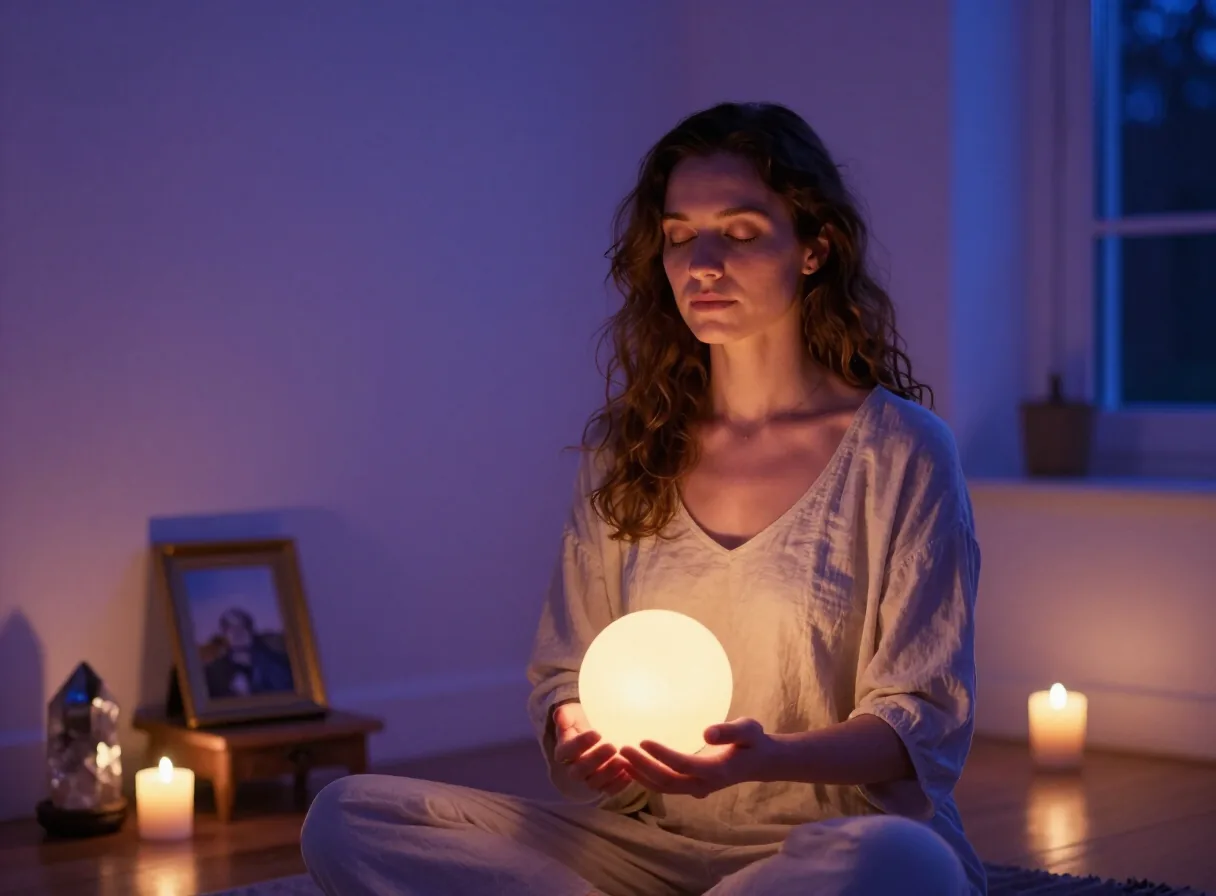 Femme méditant les yeux fermés, une lumière dorée rayonnant entre ses paumes