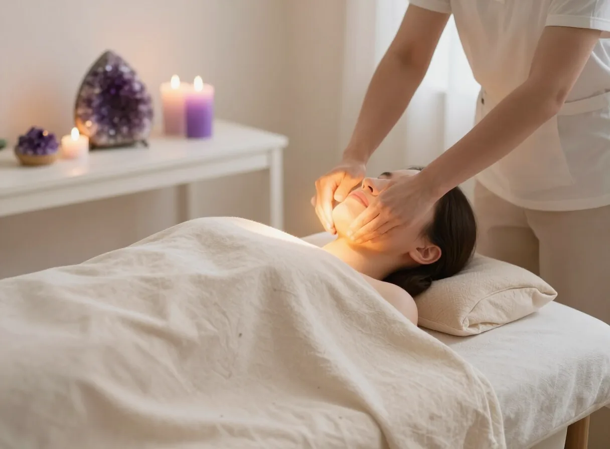 Soins énergétiques Luminaura : mains de la praticienne diffusant une douce lumière dorée